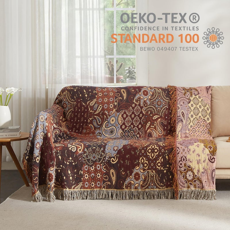 SE SOFTEXLY Boho Throw Blanket for Bed 60â€x80â€, 100% Cotton Woven Blanket for Couch Sofa, Ultra Soft 4-Layer Muslin Quilt with Patchwork Floral Printed, Farmhouse Bed Blanket/Cover for Living Room Decor - Image 4