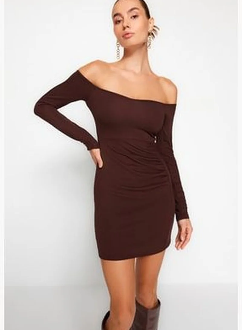 trendyol Ottoman Brown Shirring Detailed Fitted Mini, Stretchy Knit Dress with Slit TWOAW24EL00226.