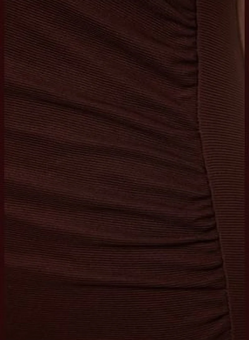 trendyol Ottoman Brown Shirring Detailed Fitted Mini, Stretchy Knit Dress with Slit TWOAW24EL00226.