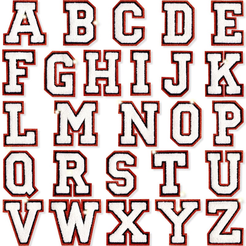 Mtlee MTLEE 26 Pieces Chenille Letter Patches Iron on Letters Glitter Chenille AZ Embroidered Sew on Patches for Clothing Hat Shirt BagWhite with Red Edge