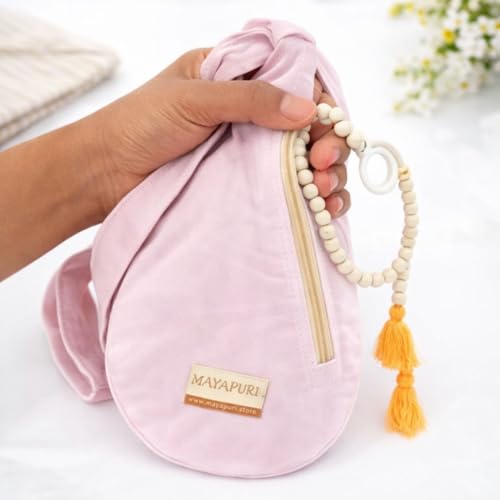 MAYAPURI Pure Cotton Original Gomukhi Japa Mala Bag, Chanting Bag or Prayer Beads Bag with Zip Pocket and Sakshi Mala Counter (Light Pink) - Image 4