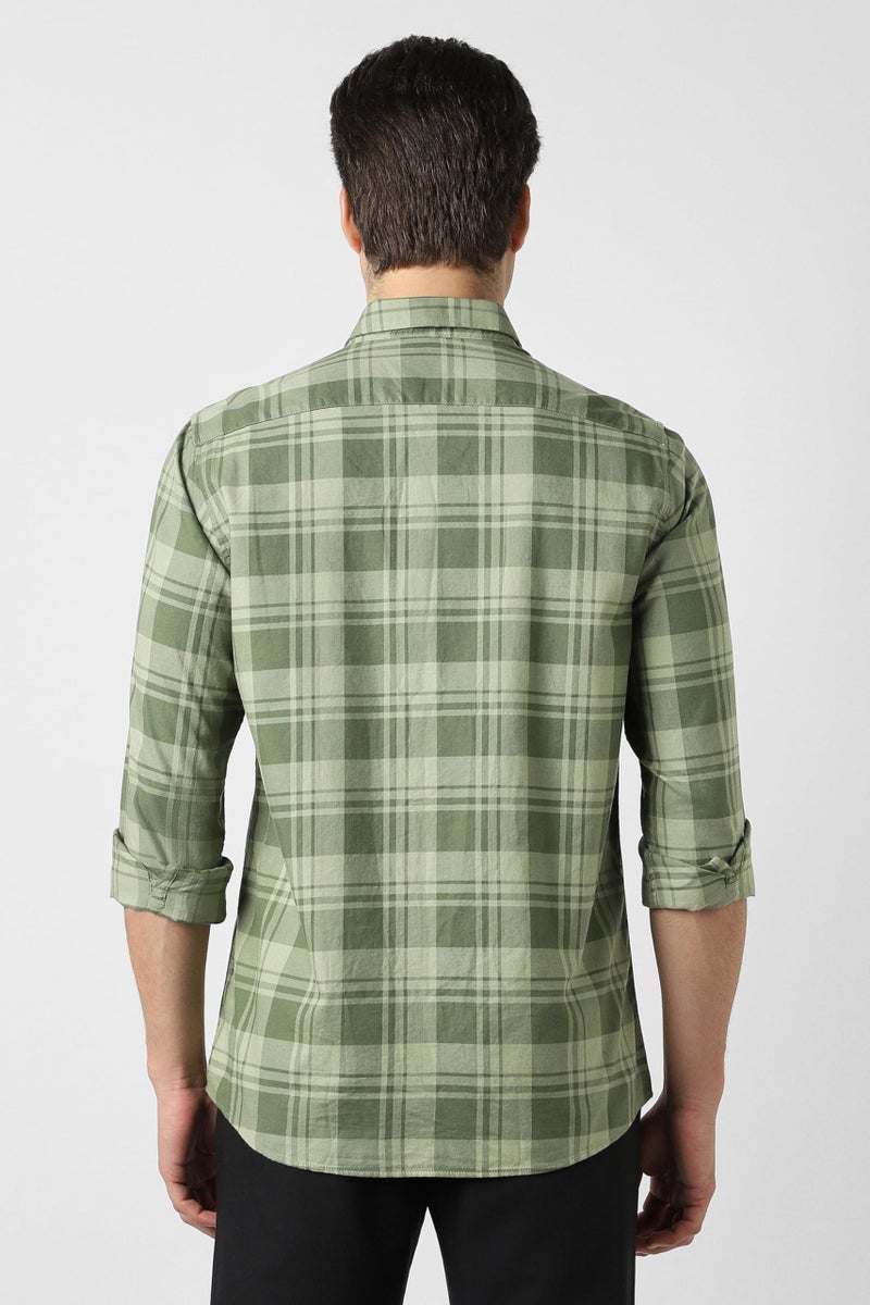Peter England Men Green Slim Fit Check Full Sleeves Casual Shirt - Image 3