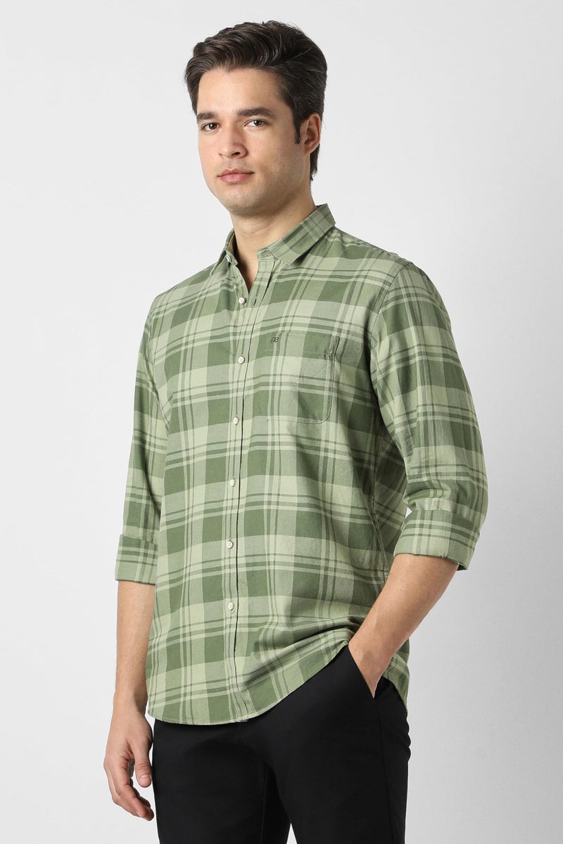 Peter England Men Green Slim Fit Check Full Sleeves Casual Shirt - Image 4