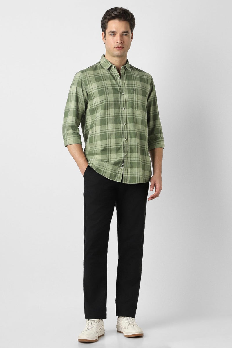 Peter England Men Green Slim Fit Check Full Sleeves Casual Shirt - Image 2