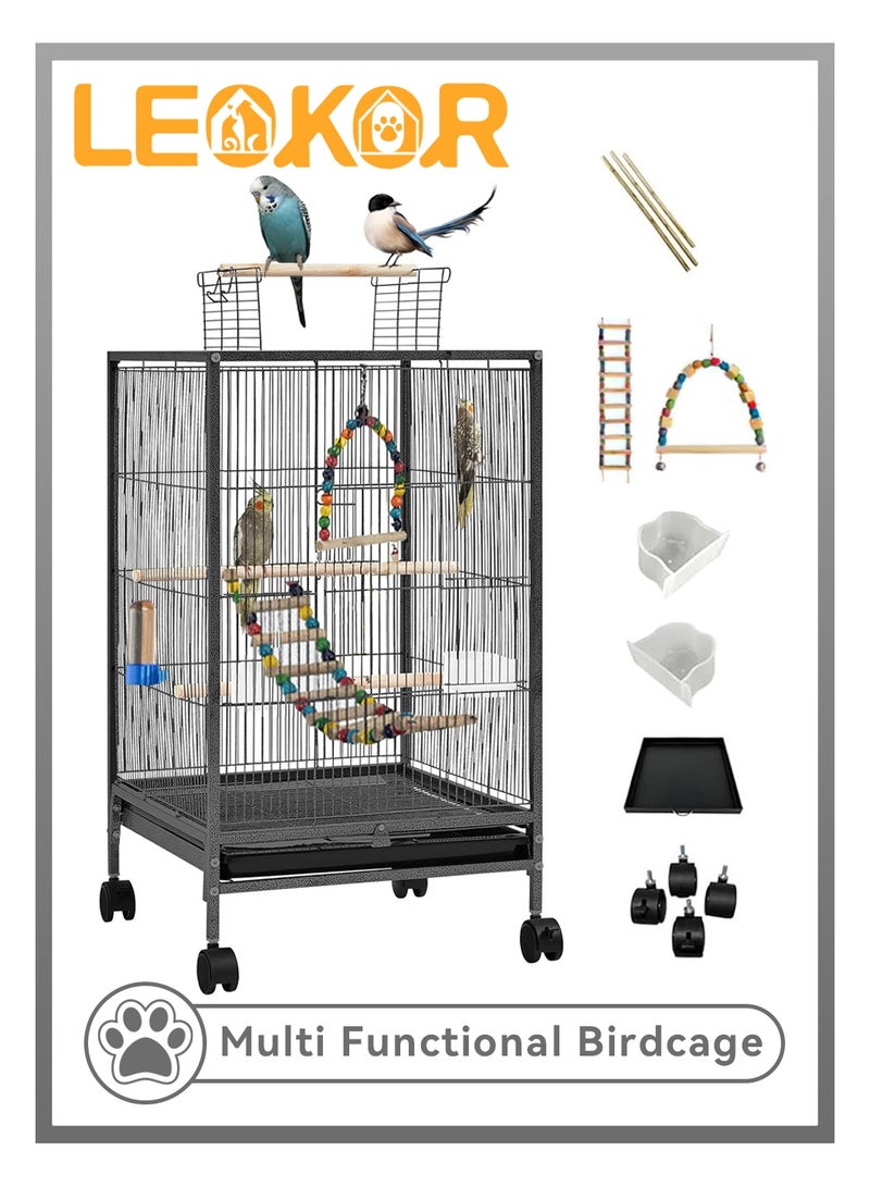 LEOKOR Bird Cage, Open Top Standing Parrot Parakeet Cage with Rolling Stand, Scaling Ladder and Bird Swing for Small Birds, Green Cheek, Cockatiel, Black (96cm*46cm*46cm) - Image 1