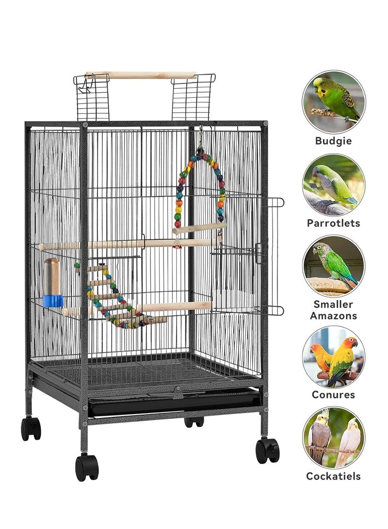 LEOKOR Bird Cage, Open Top Standing Parrot Parakeet Cage with Rolling Stand, Scaling Ladder and Bird Swing for Small Birds, Green Cheek, Cockatiel, Black (96cm*46cm*46cm) - Image 2