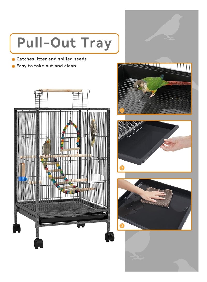LEOKOR Bird Cage, Open Top Standing Parrot Parakeet Cage with Rolling Stand, Scaling Ladder and Bird Swing for Small Birds, Green Cheek, Cockatiel, Black (96cm*46cm*46cm) - Image 3