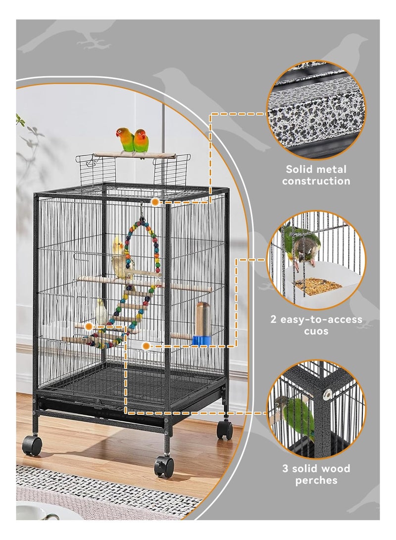 LEOKOR Bird Cage, Open Top Standing Parrot Parakeet Cage with Rolling Stand, Scaling Ladder and Bird Swing for Small Birds, Green Cheek, Cockatiel, Black (96cm*46cm*46cm) - Image 5