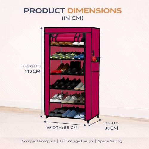 SANAMSTORE Multipurpose 6 Layer Metal Pipe with Non-Woven 100GSM Fabric Cover Shoe/Cloth/Toy/Books Rack-Pink - Image 3