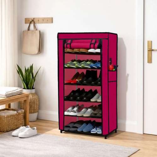 SANAMSTORE Multipurpose 6 Layer Metal Pipe with Non-Woven 100GSM Fabric Cover Shoe/Cloth/Toy/Books Rack-Pink - Image 1