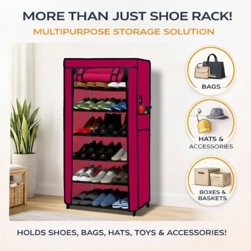 SANAMSTORE Multipurpose 6 Layer Metal Pipe with Non-Woven 100GSM Fabric Cover Shoe/Cloth/Toy/Books Rack-Pink - Image 2