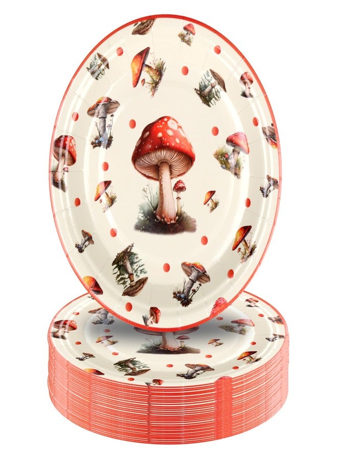 Pandecor 50 Pieces Disposable Paper Plates, 7 inches Red Mushroom Cake Dessert Plates for Spring Summer Forest Wild Vibrant Mushroom Theme Party Decorations (mushroom plates 7") - Image 1