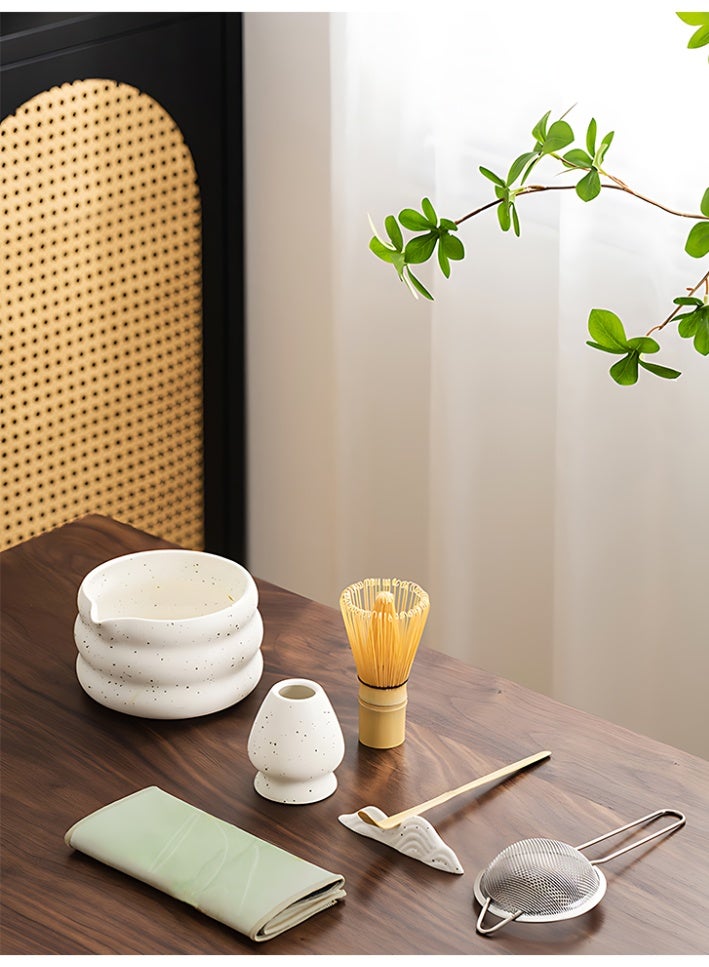 XiaoGiqi 7 Piece Matcha Tea Set | Matcha Whisk Kit, Ceramic Bowl, Whisk, White Whisk Holder, Traditional Scoop, Chasen, Sifter Spoon, Tea Mat | Perfect Set for Traditional Matcha Ceremony | White Speckled - Image 2