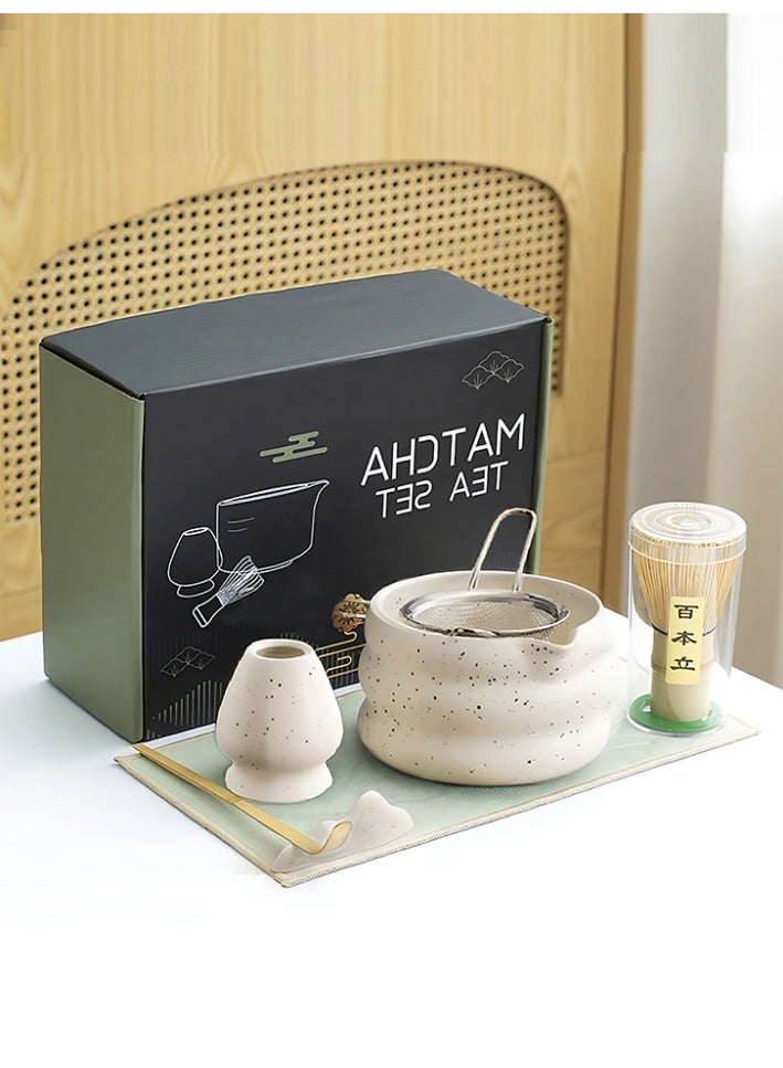 XiaoGiqi 7 Piece Matcha Tea Set | Matcha Whisk Kit, Ceramic Bowl, Whisk, White Whisk Holder, Traditional Scoop, Chasen, Sifter Spoon, Tea Mat | Perfect Set for Traditional Matcha Ceremony | White Speckled - Image 1