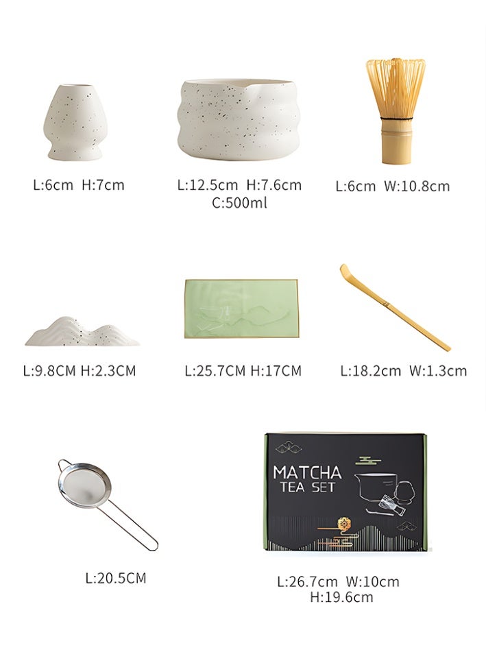 XiaoGiqi 7 Piece Matcha Tea Set | Matcha Whisk Kit, Ceramic Bowl, Whisk, White Whisk Holder, Traditional Scoop, Chasen, Sifter Spoon, Tea Mat | Perfect Set for Traditional Matcha Ceremony | White Speckled - Image 5