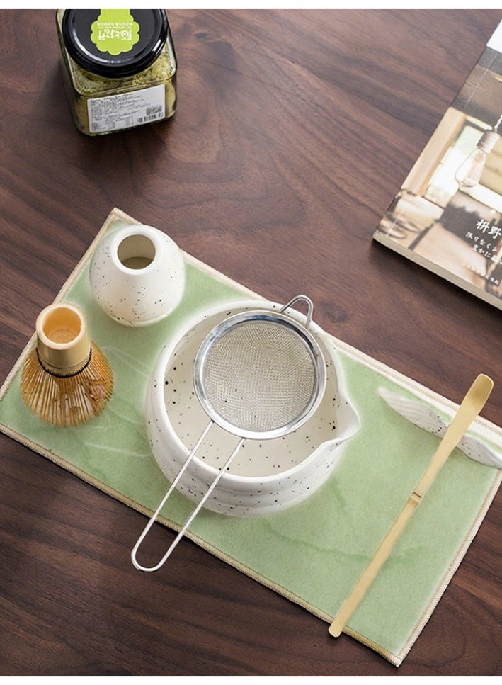 XiaoGiqi 7 Piece Matcha Tea Set | Matcha Whisk Kit, Ceramic Bowl, Whisk, White Whisk Holder, Traditional Scoop, Chasen, Sifter Spoon, Tea Mat | Perfect Set for Traditional Matcha Ceremony | White Speckled - Image 4
