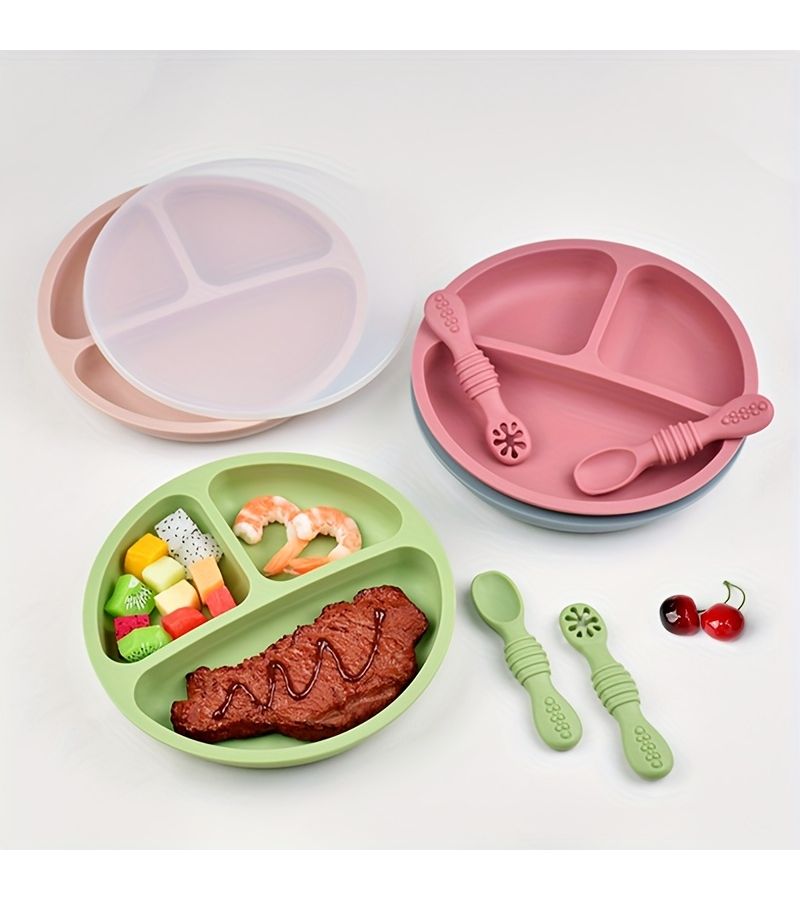 4pcs Brick Red Baby Dinnerware Set Food Grade Plates Spoons for Kids - Image 4