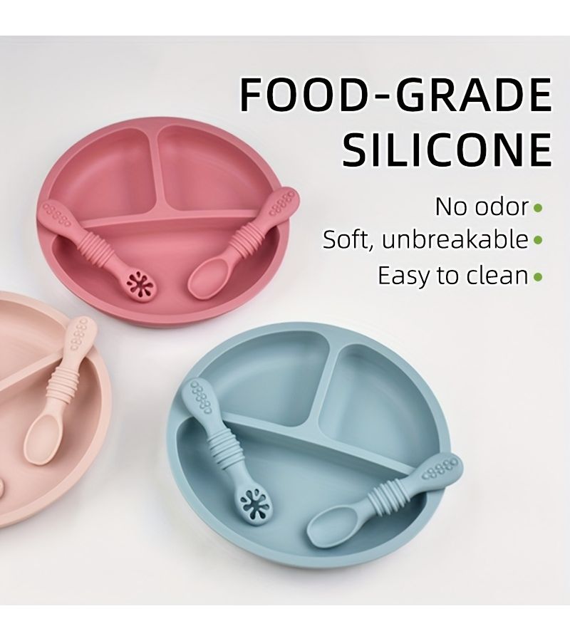 4pcs Brick Red Baby Dinnerware Set Food Grade Plates Spoons for Kids - Image 5