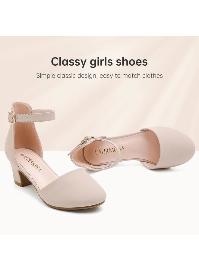 LAURMOSA Girls Dress Shoes Closed Toe Chunky High Heels Ankle Strap Wedding Party Pump Shoes, Lovely Nubuck Nude, 1 Big Kid - Image 4