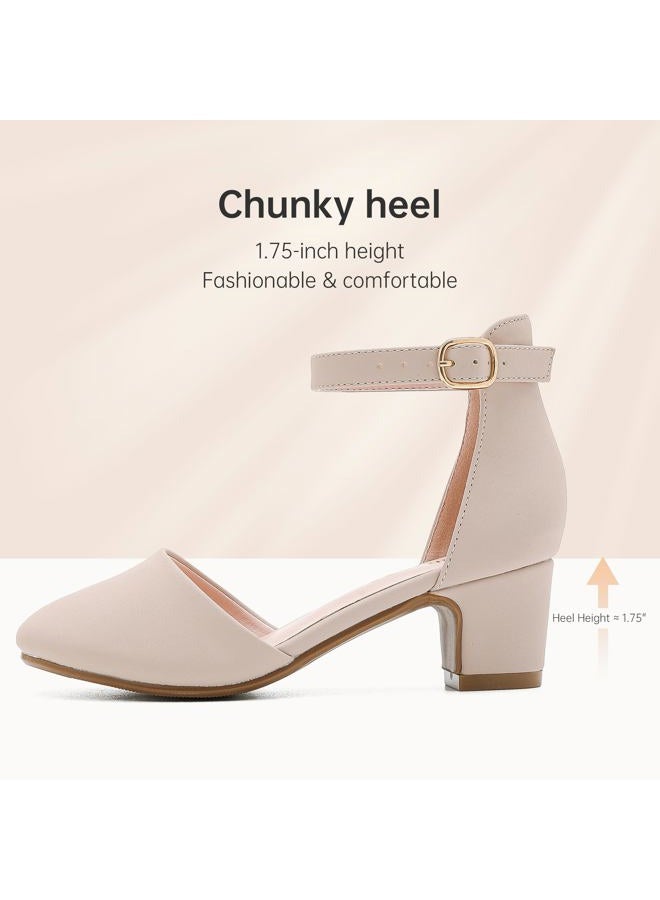 LAURMOSA Girls Dress Shoes Closed Toe Chunky High Heels Ankle Strap Wedding Party Pump Shoes, Lovely Nubuck Nude, 1 Big Kid - Image 5