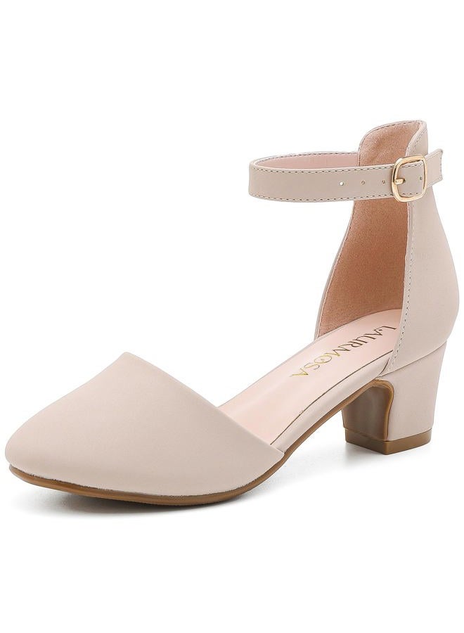 LAURMOSA Girls Dress Shoes Closed Toe Chunky High Heels Ankle Strap Wedding Party Pump Shoes, Lovely Nubuck Nude, 1 Big Kid - Image 1