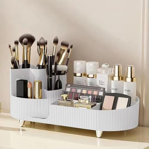 ALOXE Makeup Organisers | 360° Rotating Brush Holder & Elegant Organizer Storage Box for Dressing Table, Skincare, Cosmetics & Accessories (White) - Image 1