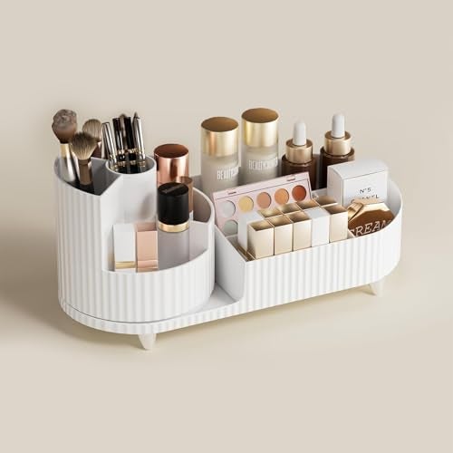 ALOXE Makeup Organisers | 360° Rotating Brush Holder & Elegant Organizer Storage Box for Dressing Table, Skincare, Cosmetics & Accessories (White) - Image 3