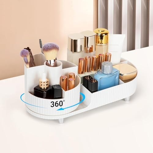 ALOXE Makeup Organisers | 360° Rotating Brush Holder & Elegant Organizer Storage Box for Dressing Table, Skincare, Cosmetics & Accessories (White) - Image 5