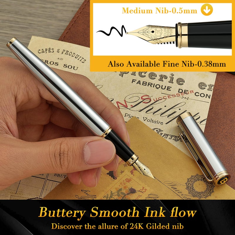 BEILUNER Silver Chrome Fountain Pen,Stunning Luxury with 24K Gold Accents, Gorgeous 24K Gilded Nib(Medium), Fancy Pen Gift for Men&Women -Ink Converter-Elegant, Office,Nice Pen for Writing - Image 4