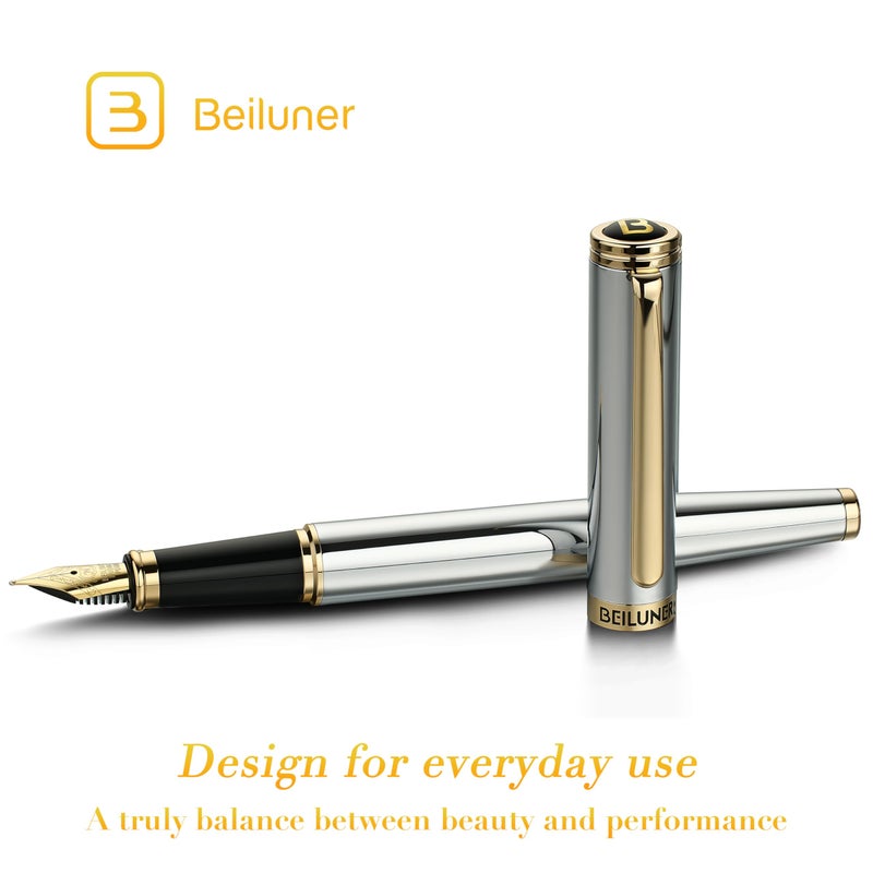 BEILUNER Silver Chrome Fountain Pen,Stunning Luxury with 24K Gold Accents, Gorgeous 24K Gilded Nib(Medium), Fancy Pen Gift for Men&Women -Ink Converter-Elegant, Office,Nice Pen for Writing - Image 2