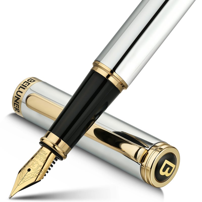BEILUNER Silver Chrome Fountain Pen,Stunning Luxury with 24K Gold Accents, Gorgeous 24K Gilded Nib(Medium), Fancy Pen Gift for Men&Women -Ink Converter-Elegant, Office,Nice Pen for Writing - Image 1
