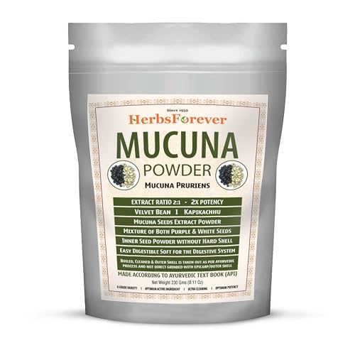 Herbsforever Mucuna Pruriens Seed Powder 2X Potency Extract 21 Purple Yellow Seeds Blend Velvet Bean NonGMO Vegan 230g Supports Energy Vitality and Overall Wellness