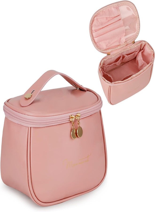 ETTA Faux Leather Large Capacity Travel Cosmetic Bag, Waterproof Cosmetic Bag, Portable Compact Skincare Storage Pouch Organizer Bag with Handle and Dividers for Women Girls Makeup Brushes (Pink) - Image 1