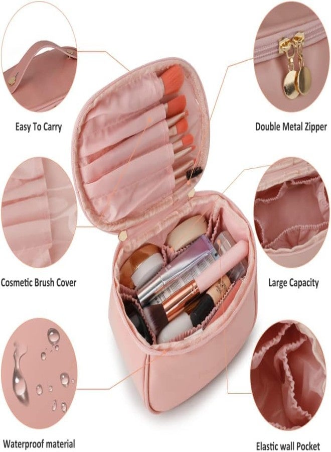 ETTA Faux Leather Large Capacity Travel Cosmetic Bag, Waterproof Cosmetic Bag, Portable Compact Skincare Storage Pouch Organizer Bag with Handle and Dividers for Women Girls Makeup Brushes (Pink) - Image 3