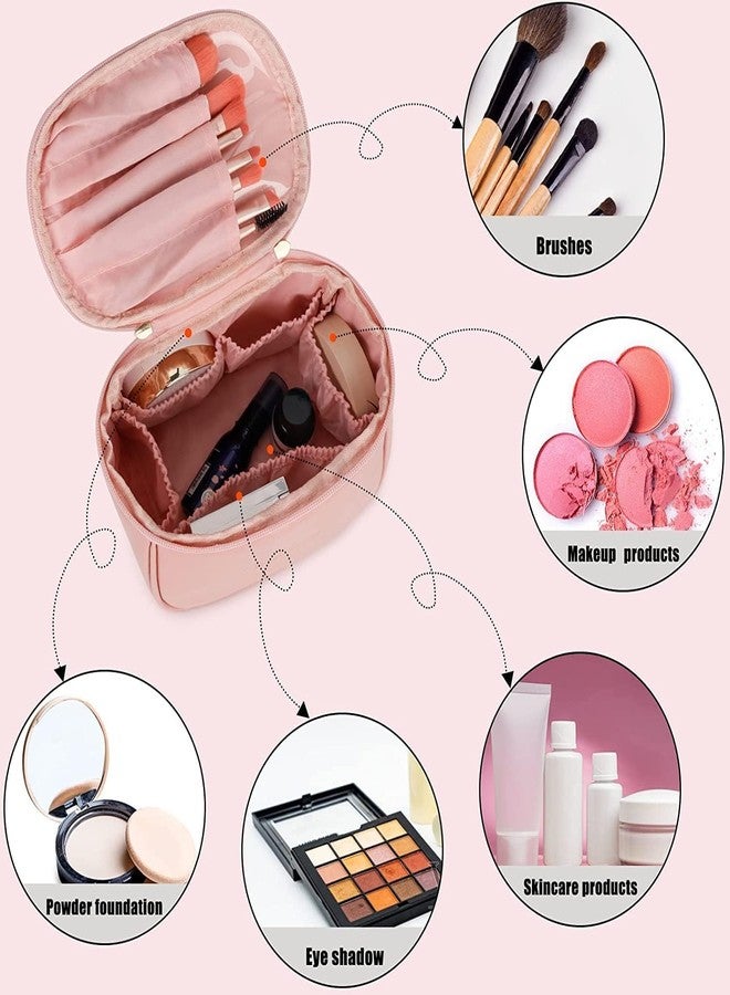 ETTA Faux Leather Large Capacity Travel Cosmetic Bag, Waterproof Cosmetic Bag, Portable Compact Skincare Storage Pouch Organizer Bag with Handle and Dividers for Women Girls Makeup Brushes (Pink) - Image 2