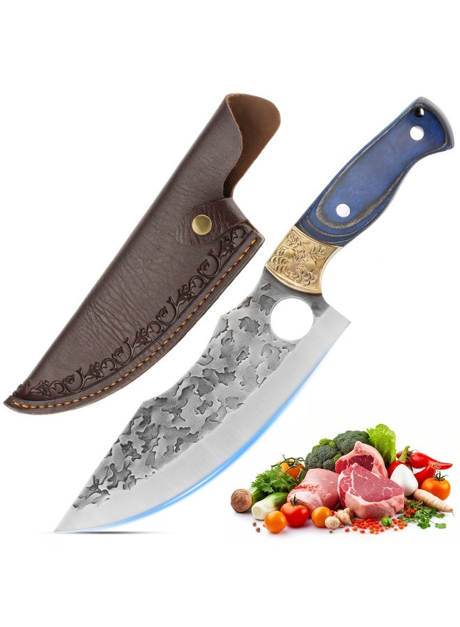 Hammered Viking Knife 7 Inch, Hand-Forged Butcher Knife with Sheath, Kitchen Chef Knives, High Carbon Steel, Suitable for Home, Outdoor, Camping, BBQ, Restaurant - Image 1