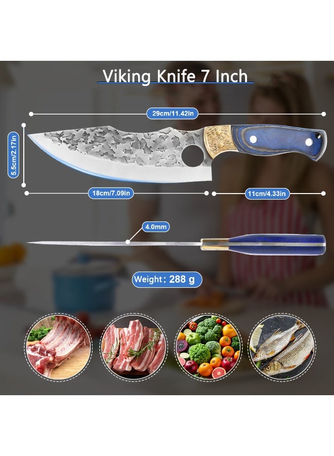 Hammered Viking Knife 7 Inch, Hand-Forged Butcher Knife with Sheath, Kitchen Chef Knives, High Carbon Steel, Suitable for Home, Outdoor, Camping, BBQ, Restaurant - Image 2