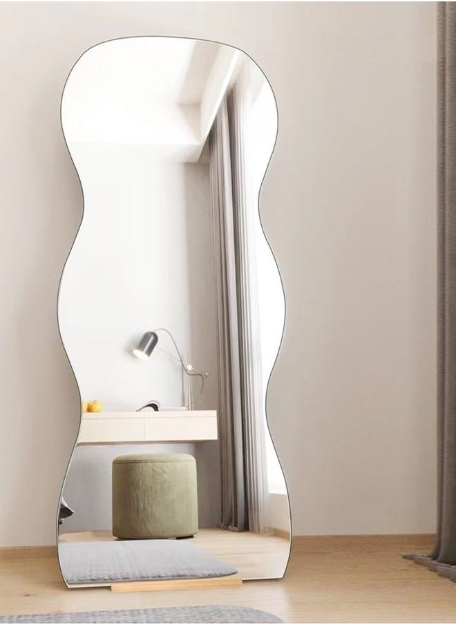 fashionhome - Modern Scandinavian Design Full Length Mirror Standing Hanging or Leaning Against Wall Large Bedroom Floor Mirror Dressing Mirror Wall-Mounted Mirror Wood Frame Wavy Mirror Round Corner 50x160 cm - Image 1