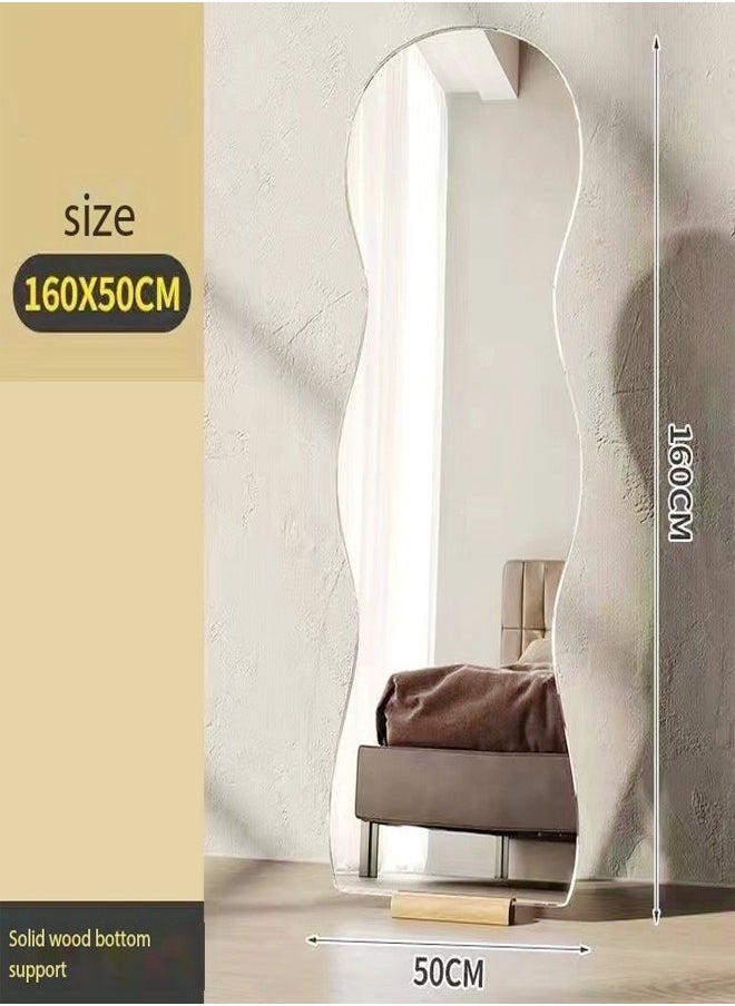 fashionhome - Modern Scandinavian Design Full Length Mirror Standing Hanging or Leaning Against Wall Large Bedroom Floor Mirror Dressing Mirror Wall-Mounted Mirror Wood Frame Wavy Mirror Round Corner 50x160 cm - Image 1