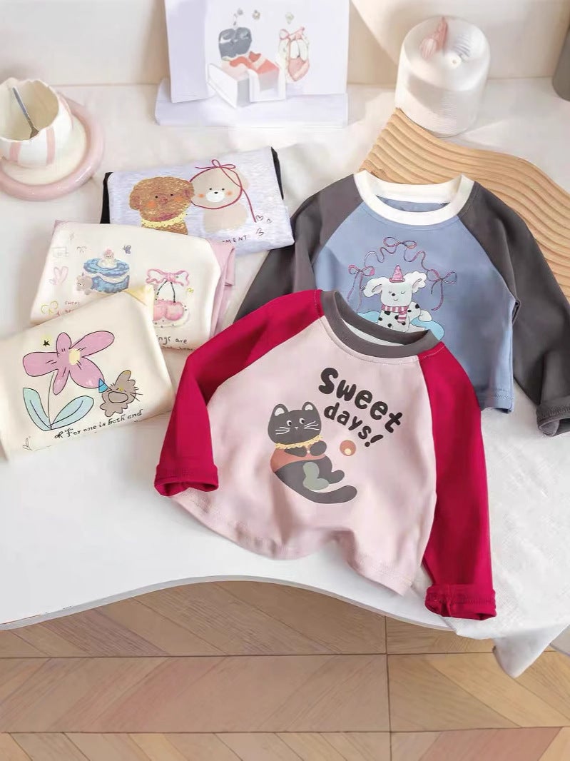 Baby'S Long-Sleeved T-Shirt Girls' Raglan Sleeve 2024 Autumn New Style Girls' Top Contrast Color Cartoon T-Shirt Pure Cotton Base - Image 3