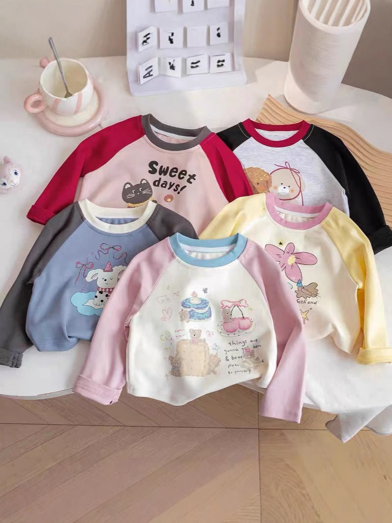 Baby'S Long-Sleeved T-Shirt Girls' Raglan Sleeve 2024 Autumn New Style Girls' Top Contrast Color Cartoon T-Shirt Pure Cotton Base - Image 2