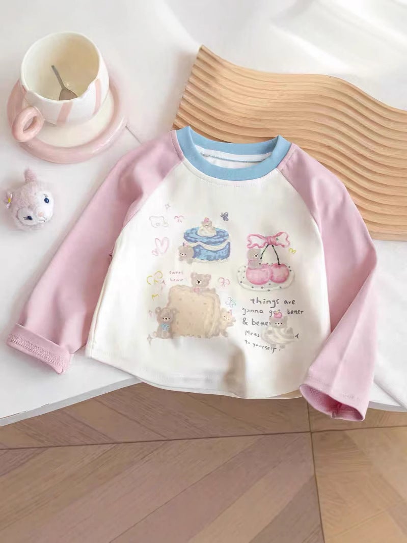 Baby'S Long-Sleeved T-Shirt Girls' Raglan Sleeve 2024 Autumn New Style Girls' Top Contrast Color Cartoon T-Shirt Pure Cotton Base - Image 4