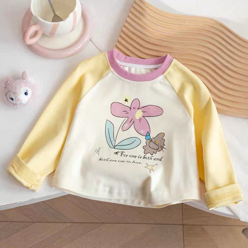 Baby'S Long-Sleeved T-Shirt Girls' Raglan Sleeve 2024 Autumn New Style Girls' Top Contrast Color Cartoon T-Shirt Pure Cotton Base - Image 1
