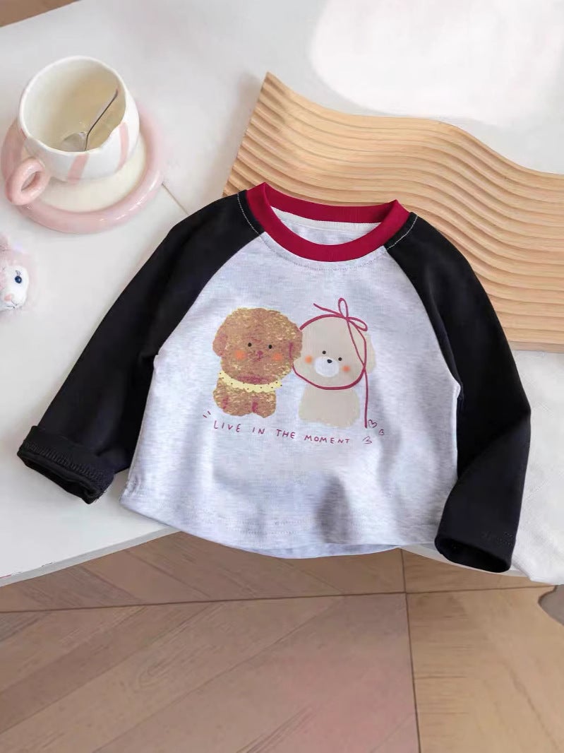 Baby'S Long-Sleeved T-Shirt Girls' Raglan Sleeve 2024 Autumn New Style Girls' Top Contrast Color Cartoon T-Shirt Pure Cotton Base - Image 5
