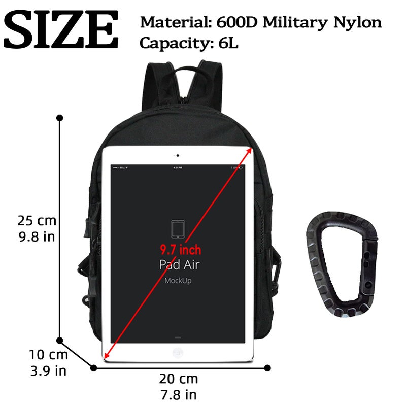 Valinov Mini Tactical Backpack, 6L Small Sling Backpacks Shoulder Bag For Running Travel Daypack with Carabiner For Men Women (Black) - Image 2