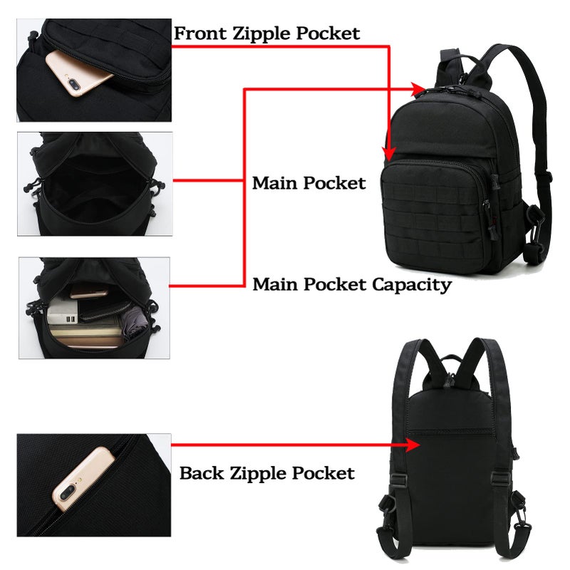 Valinov Mini Tactical Backpack, 6L Small Sling Backpacks Shoulder Bag For Running Travel Daypack with Carabiner For Men Women (Black) - Image 5