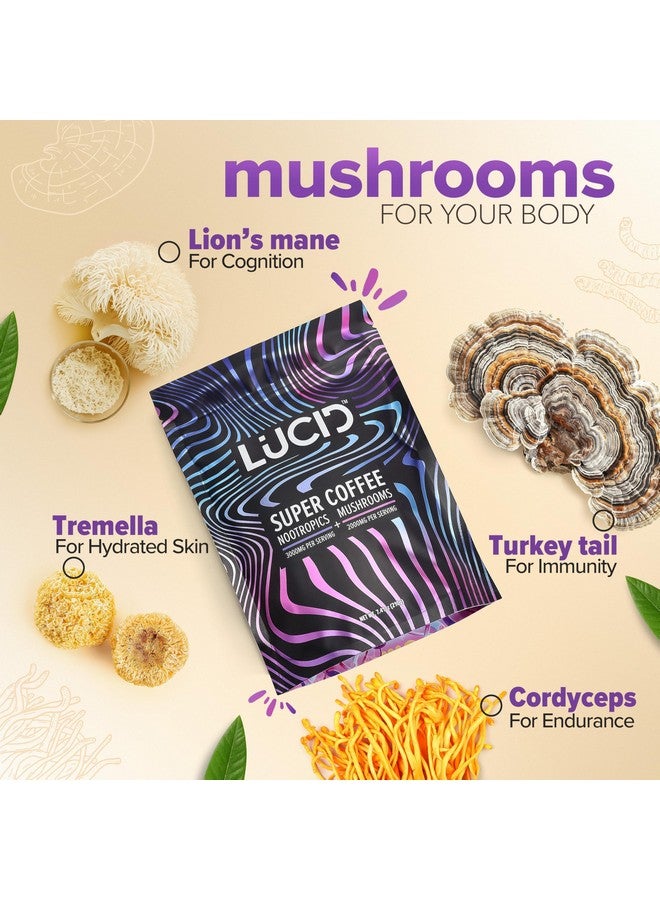 Lucid Superfood Organic Mushroom Coffee with Nootropics - Lion's Mane, Tremella, Cordyceps & Turkey Tail - Instant Mushroom Coffee Focus Brain Health - Alpha GPC, L-Theanine, Ginko Biloba - USA Made - Image 4