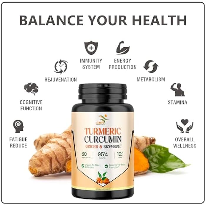 SMSHEALTHPRODUCTS.com Turmeric Curcumin with Ginger, BioPerine Black Pepper, 95% Curcuminoids, Natural Joint & Healthly Inflammatory Support, Antioxidant Tumeric Supplement, 60 Veggie Capsules, Made in USA, by SMS - Image 2