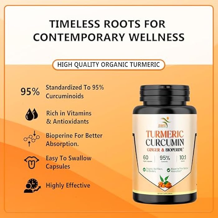 SMSHEALTHPRODUCTS.com Turmeric Curcumin with Ginger, BioPerine Black Pepper, 95% Curcuminoids, Natural Joint & Healthly Inflammatory Support, Antioxidant Tumeric Supplement, 60 Veggie Capsules, Made in USA, by SMS - Image 3