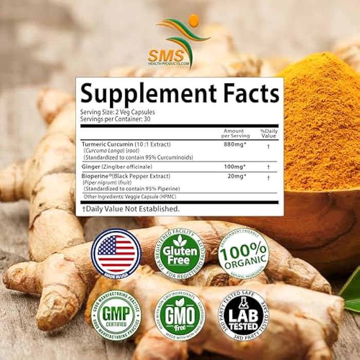 SMSHEALTHPRODUCTS.com Turmeric Curcumin with Ginger, BioPerine Black Pepper, 95% Curcuminoids, Natural Joint & Healthly Inflammatory Support, Antioxidant Tumeric Supplement, 60 Veggie Capsules, Made in USA, by SMS - Image 4